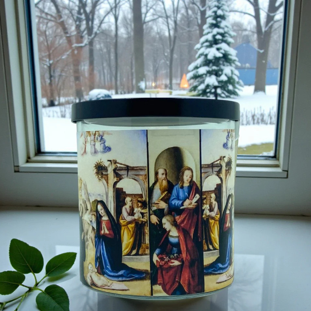 Holy Nativity - Eco-Luxe Scented Candle | Coconut Apricot Wax | Vintage Christmas Card Artwork Retro Design