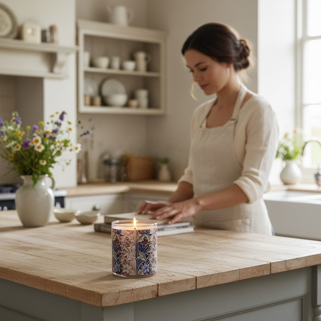 Woman in a kitchen with a lit William Morris inspired candle on a wooden counter