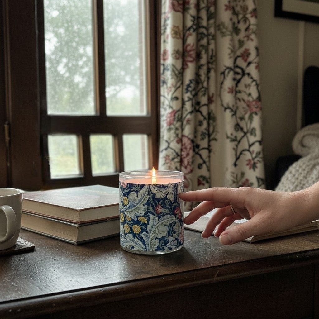 William Morris artwork candle lit on a wooden surface next to books and a mug.