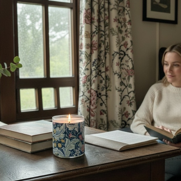 Woman reading a book with a lit Wiiliam Morris candle on a wooden table near a window with floral curtains.