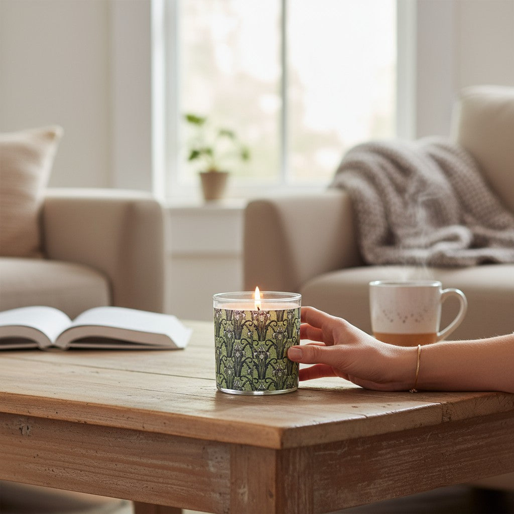 Candle with a pattern on a wooden table in a cozy living room.