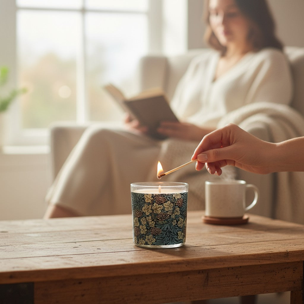 Person lighting a candle with a match, with a woman reading a book in the background.