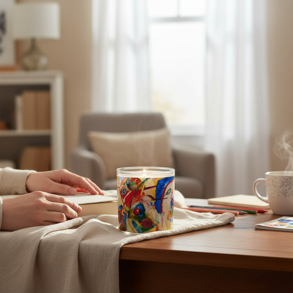 Colorful candle on a table with a person reading a book in a cozy living room.