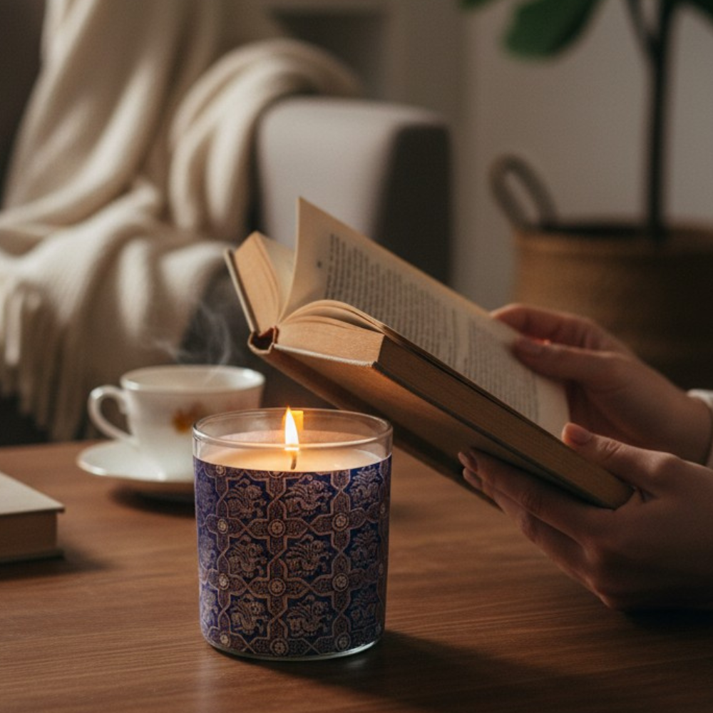 Indigo Empire – Eco-Luxe Scented Candle | Coconut Apricot Wax | Vintage Gilded Age Era Artwork Retro Design