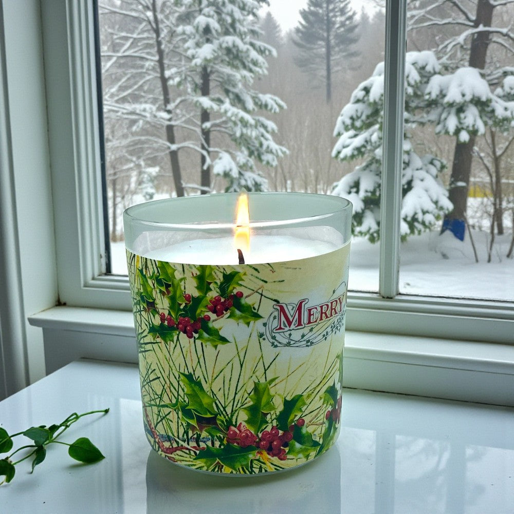 Christmas Greetings - Eco-Luxe Scented Candle | Coconut Apricot Wax | Vintage Christmas Card Artwork Retro Design