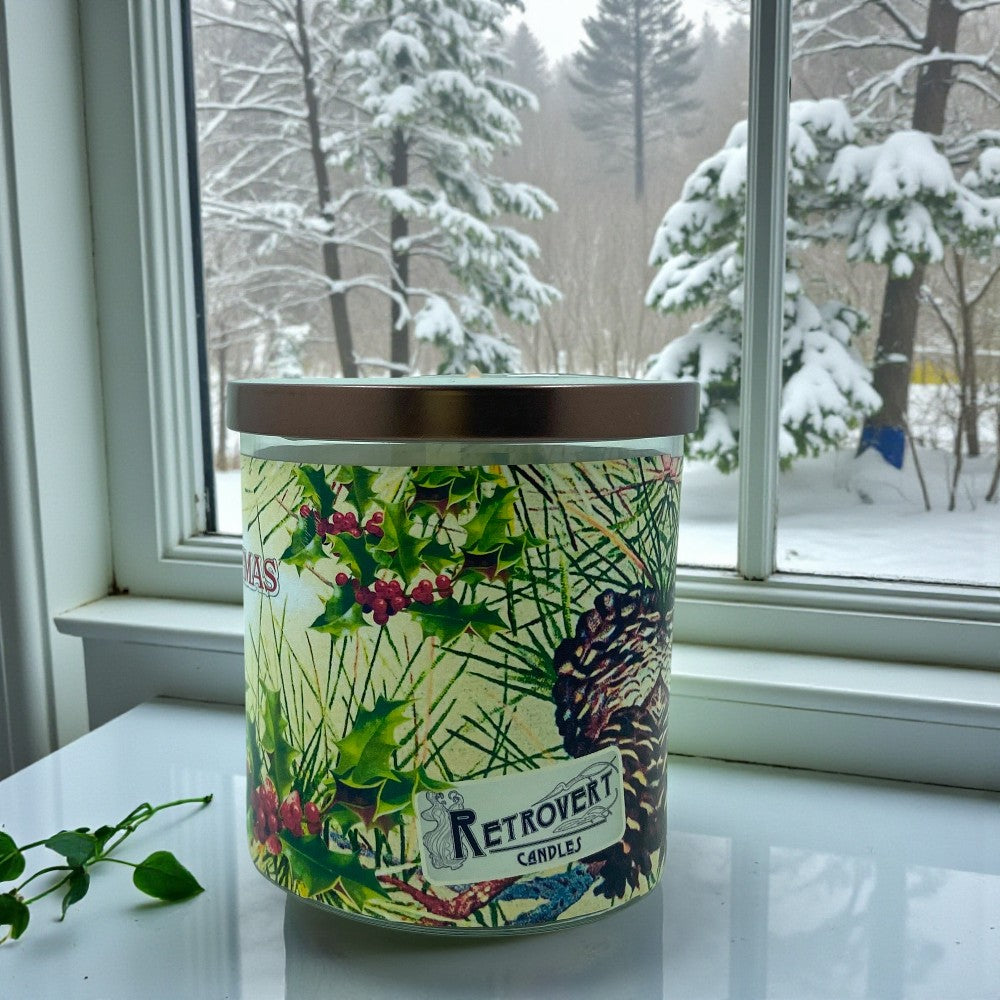 Christmas Greetings - Eco-Luxe Scented Candle | Coconut Apricot Wax | Vintage Christmas Card Artwork Retro Design