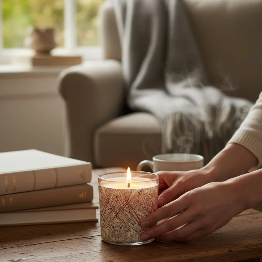 Person holding a steaming mug next to a lit candle on a wooden table in a cozy living room.