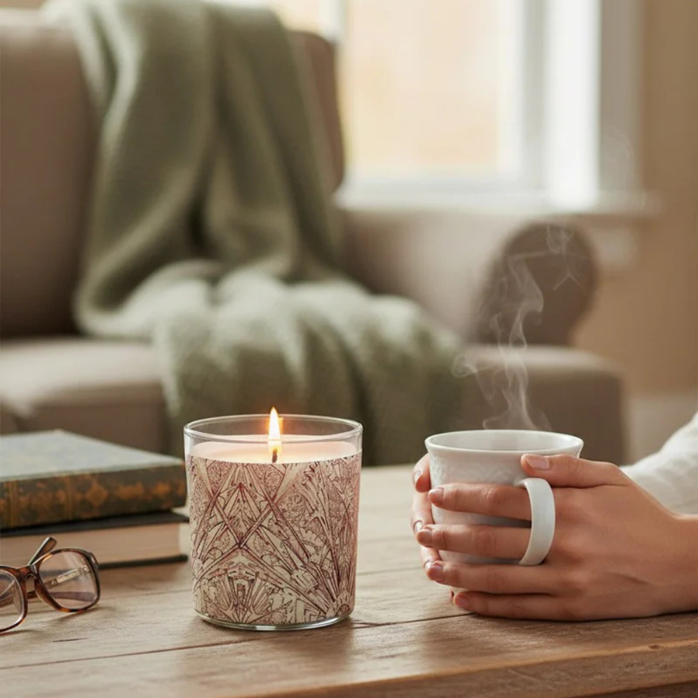 Candle with a lit wick and a steaming cup on a table in a cozy living room.