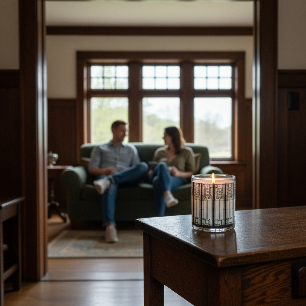 Candle on a wooden table with a blurred background of a couple sitting on a couch.
