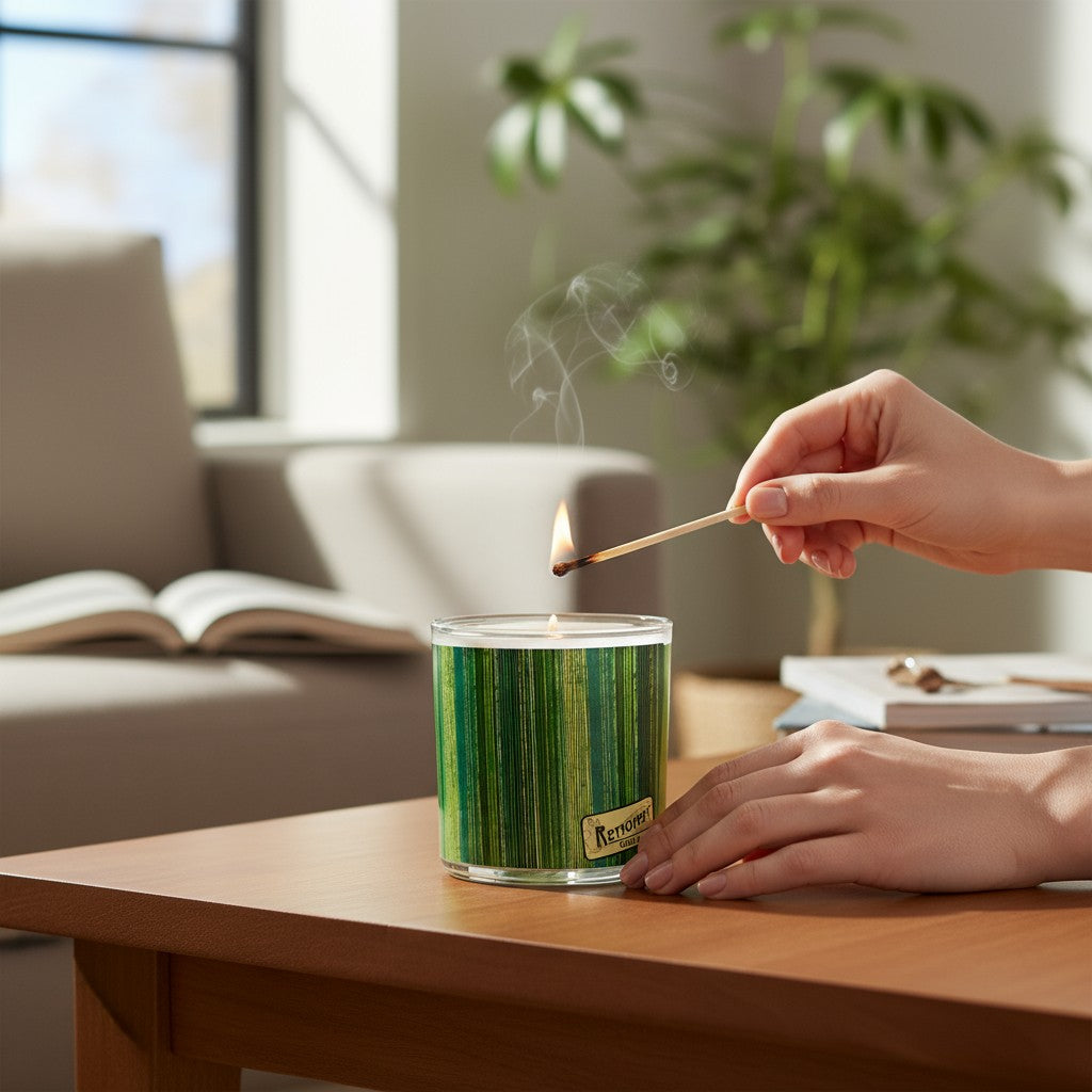 Person lighting a candle with a match in a cozy living room.