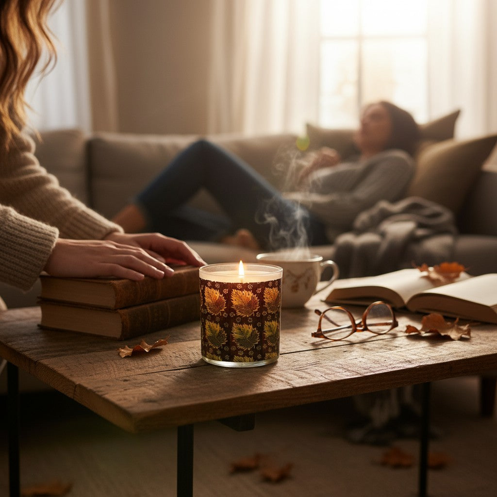 Woodland Gold – Eco-Luxe Scented Candle | Coconut Apricot Wax | Vintage Textile Artwork Retro Design