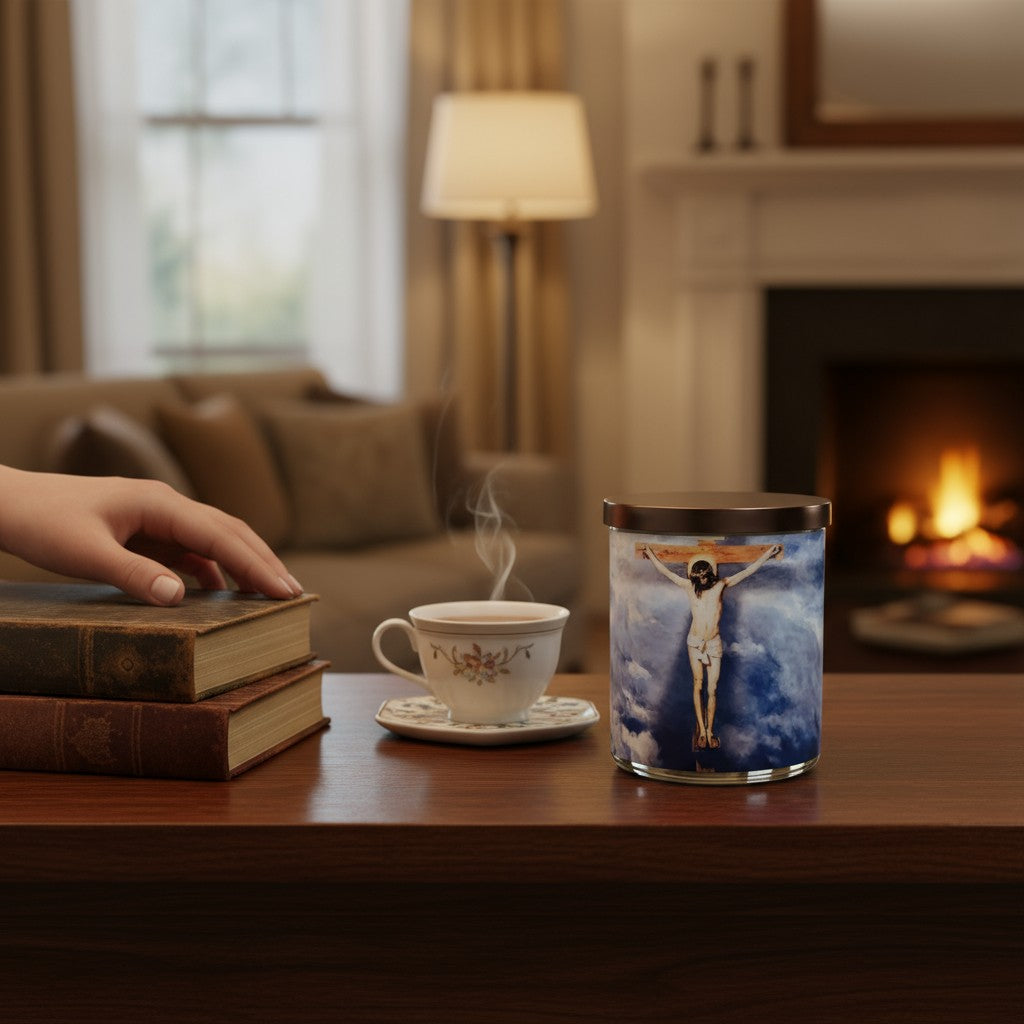 Light in the Darkness – Eco-Luxe Scented Candle | Coconut Apricot Wax | Religious Vintage Artwork Retro Design