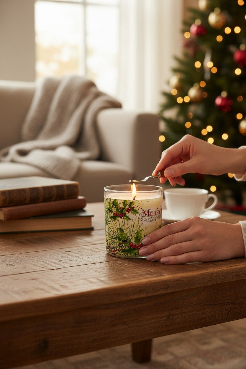 Christmas Greetings - Eco-Luxe Scented Candle | Coconut Apricot Wax | Vintage Christmas Card Artwork Retro Design