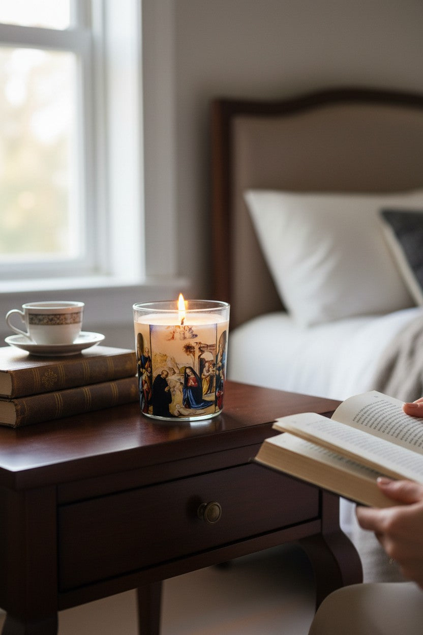 Holy Nativity - Eco-Luxe Scented Candle | Coconut Apricot Wax | Vintage Christmas Card Artwork Retro Design