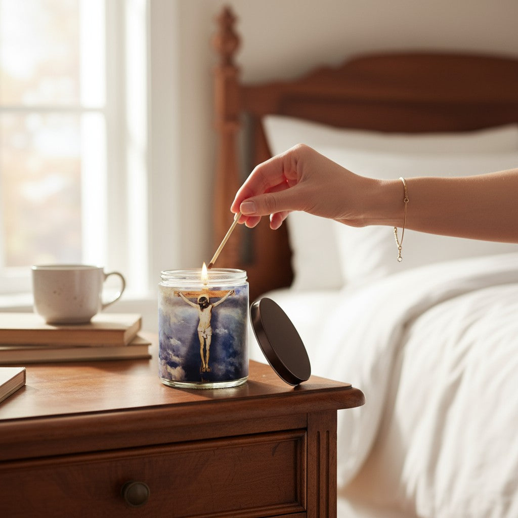 Light in the Darkness – Eco-Luxe Scented Candle | Coconut Apricot Wax | Religious Vintage Artwork Retro Design