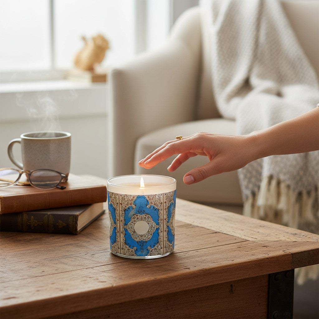 Candle with decorative packaging on a wooden table, hand reaching towards it, cozy living room setting.