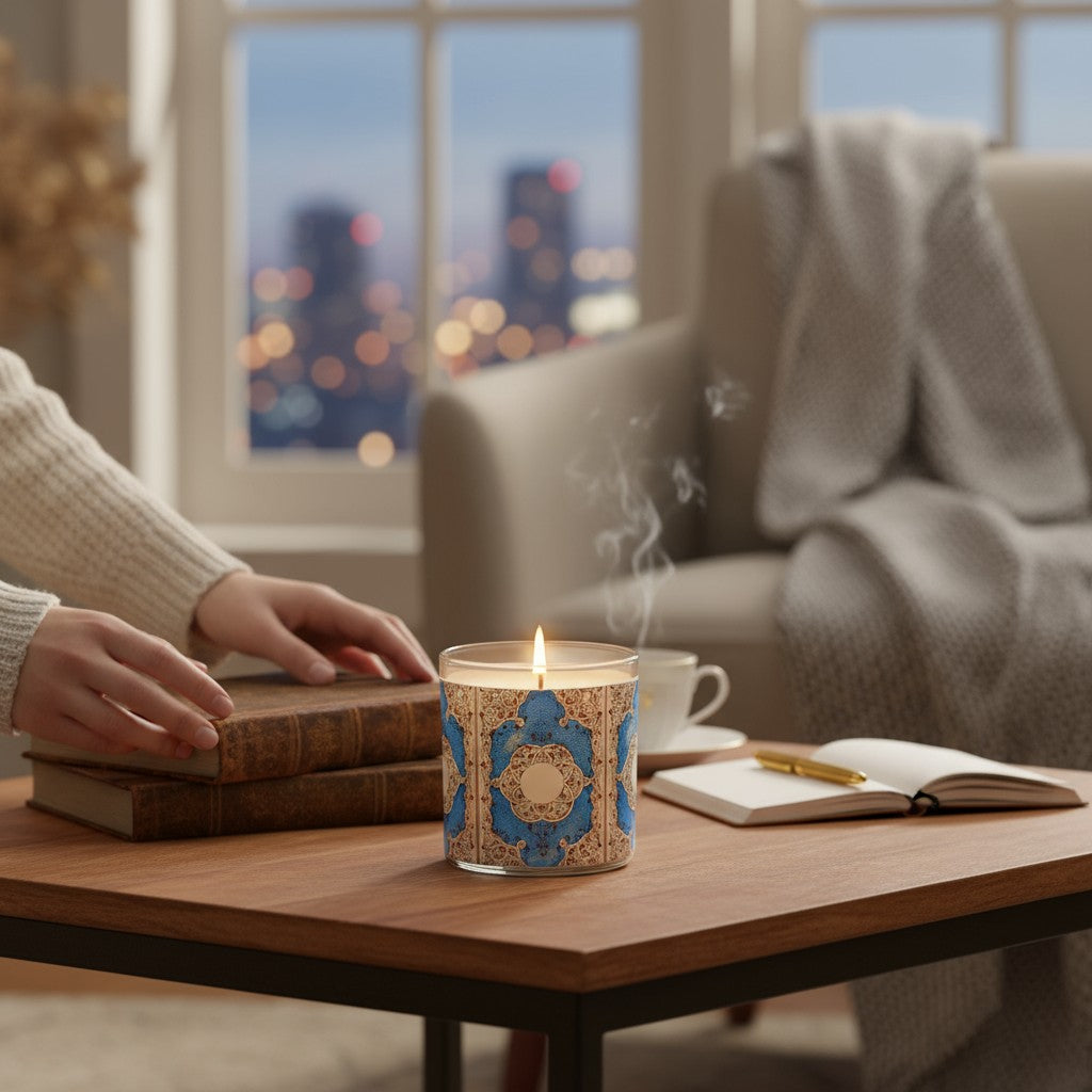 Candle with decorative packaging on a coffee table in a cozy living room.