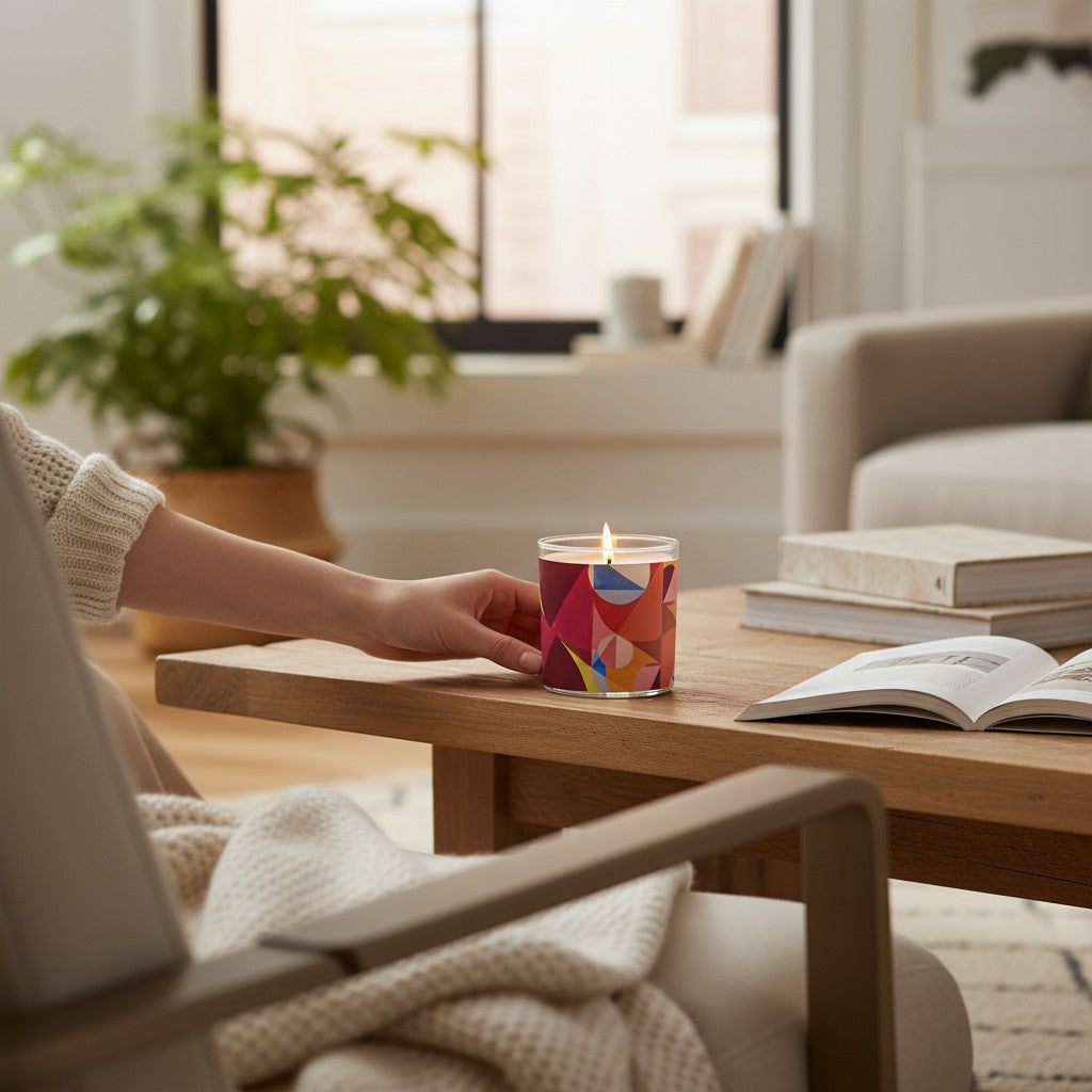 Person placing a colorful candle on a wooden coffee table in a cozy living room.