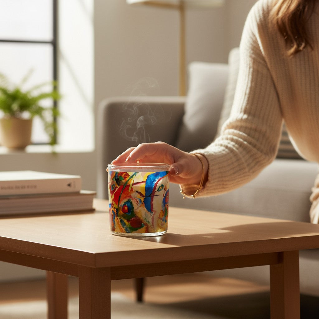 Person placing a colorful candle on a wooden table in a cozy living room.