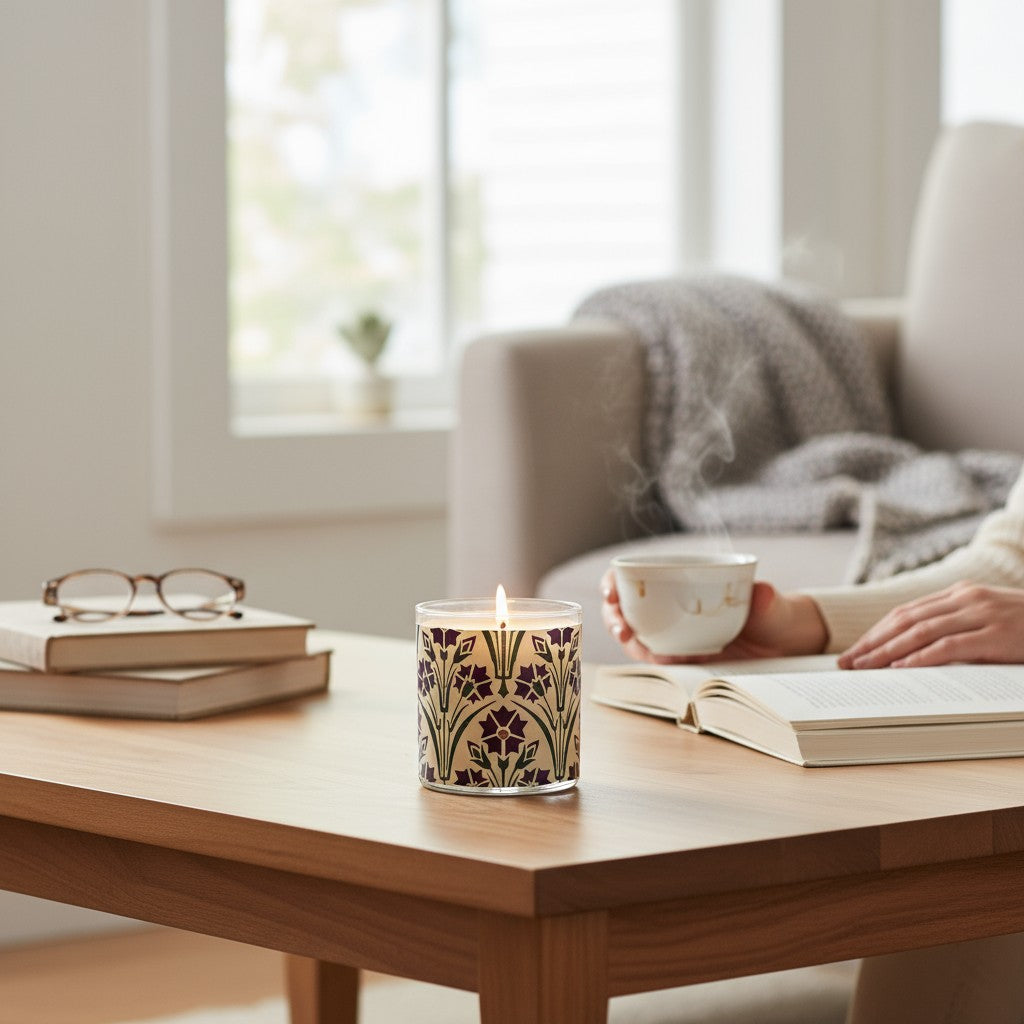 Candle with decorative design on a wooden table in a cozy living room.