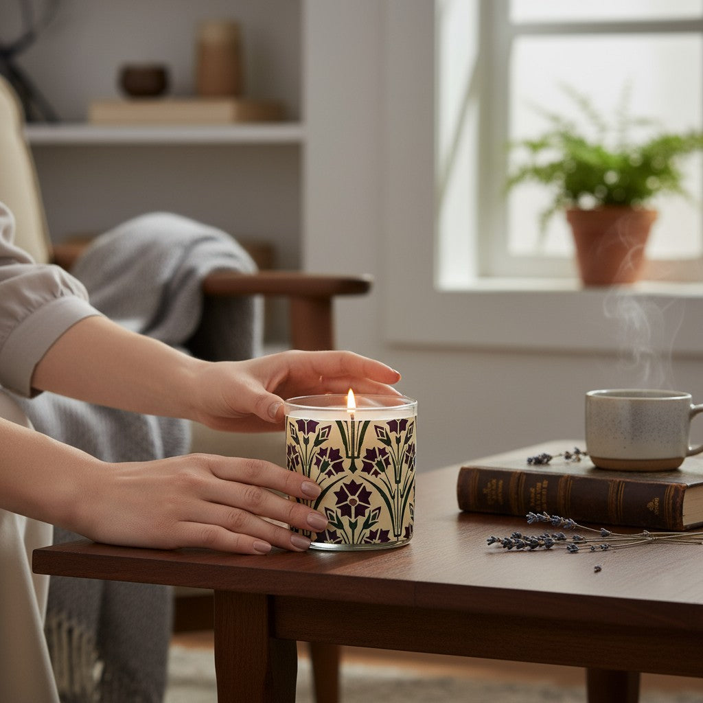 Person lighting a candle with intricate design on a wooden table in a cozy room.