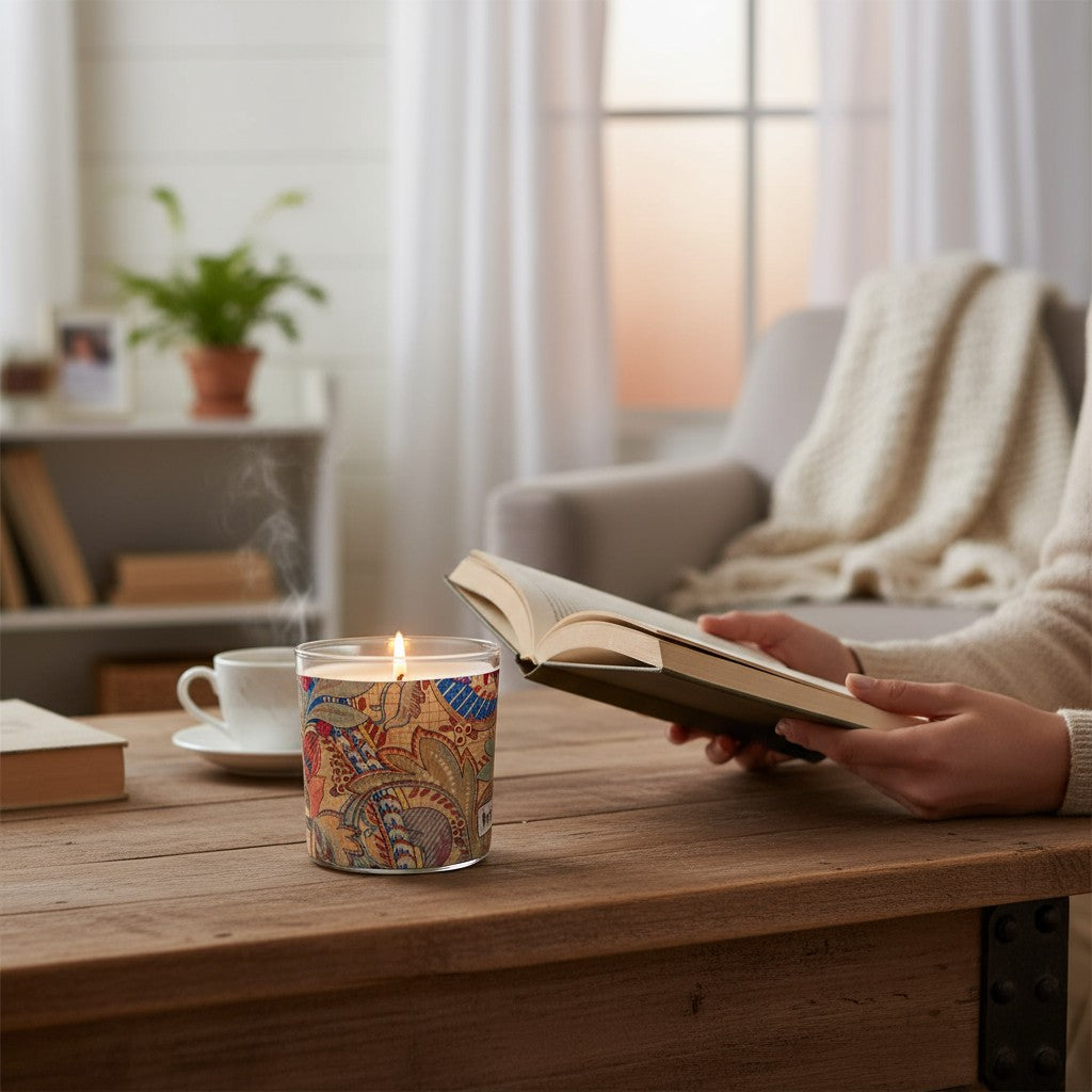 Person reading a book with a lit candle and cup of tea on a wooden table in a cozy living room.