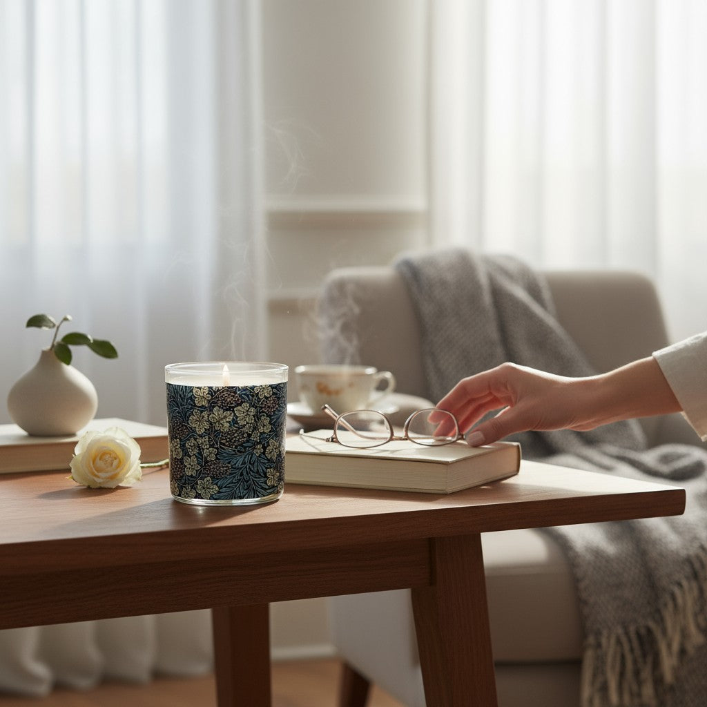 Candle with floral design on a wooden table, surrounded by books and a cup, with a blurred background.