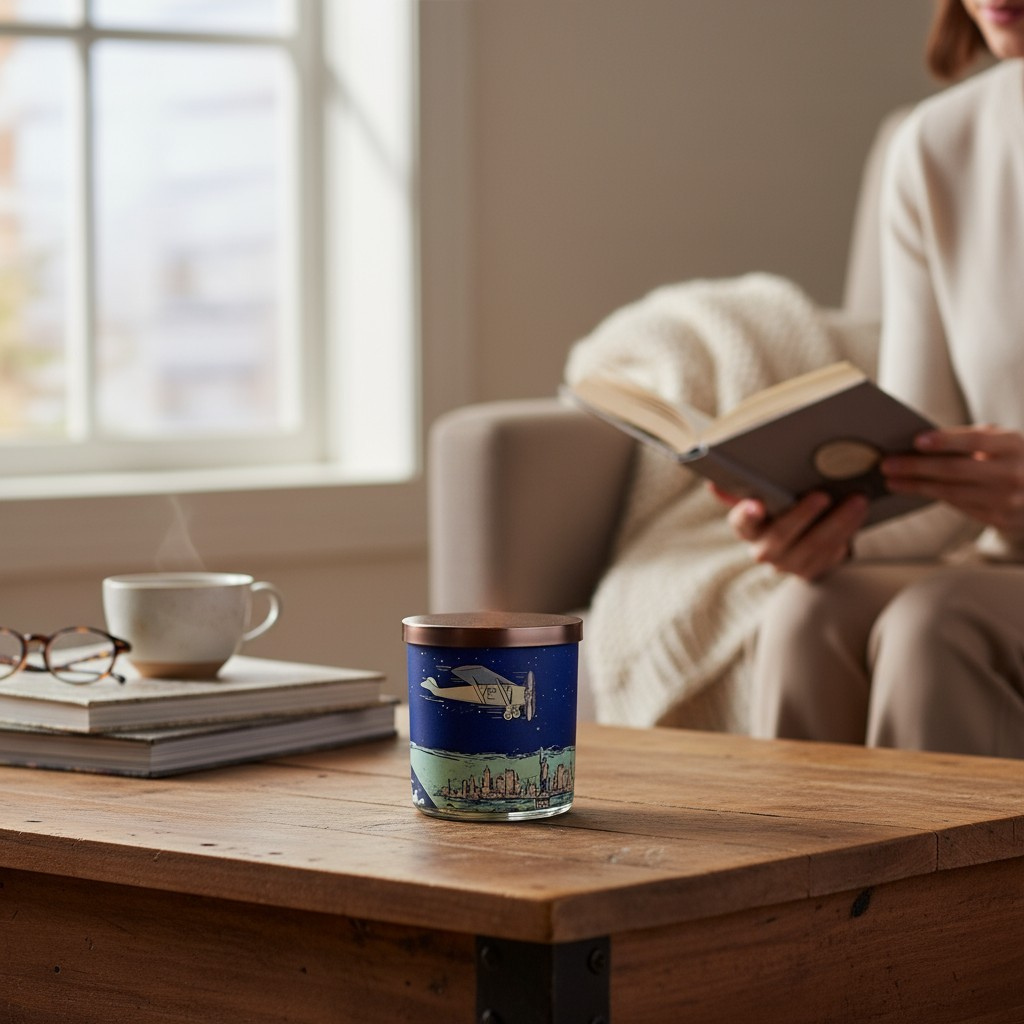 Person sitting on a couch reading a book with a candle and coffee cup on a table in the foreground.