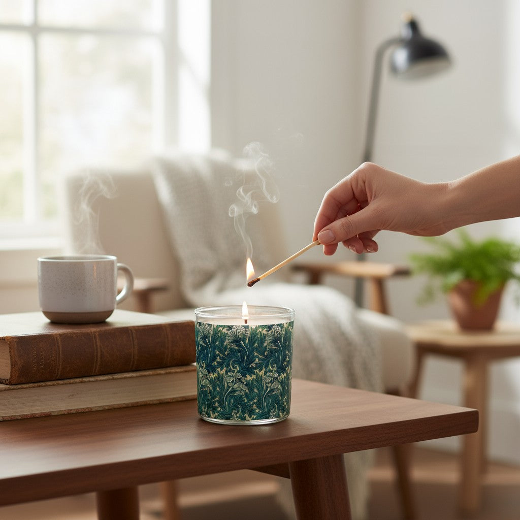 Hand lighting a candle with a match in a cozy living room setting.