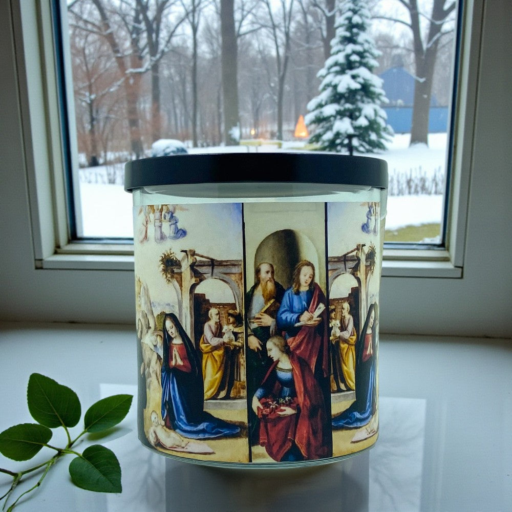 Holy Nativity - Eco-Luxe Scented Candle | Coconut Apricot Wax | Vintage Christmas Card Artwork Retro Design