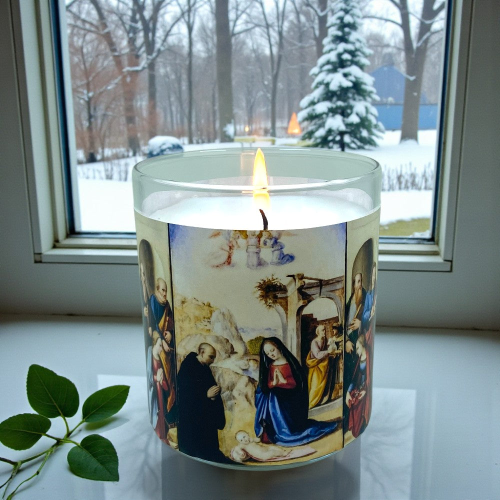 Holy Nativity - Eco-Luxe Scented Candle | Coconut Apricot Wax | Vintage Christmas Card Artwork Retro Design