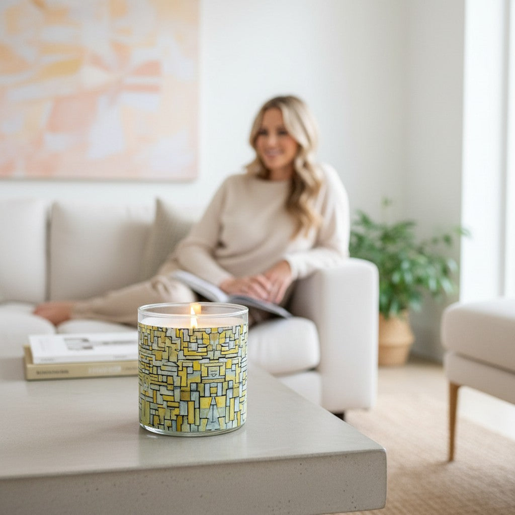 Woman sitting on a couch in a living room with a patterned candle on a coffee table.