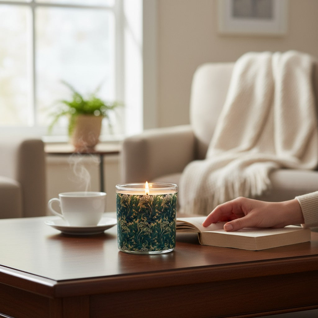 Candle with a floral design on a table next to a cup of coffee and a book, with a cozy living room in the background.