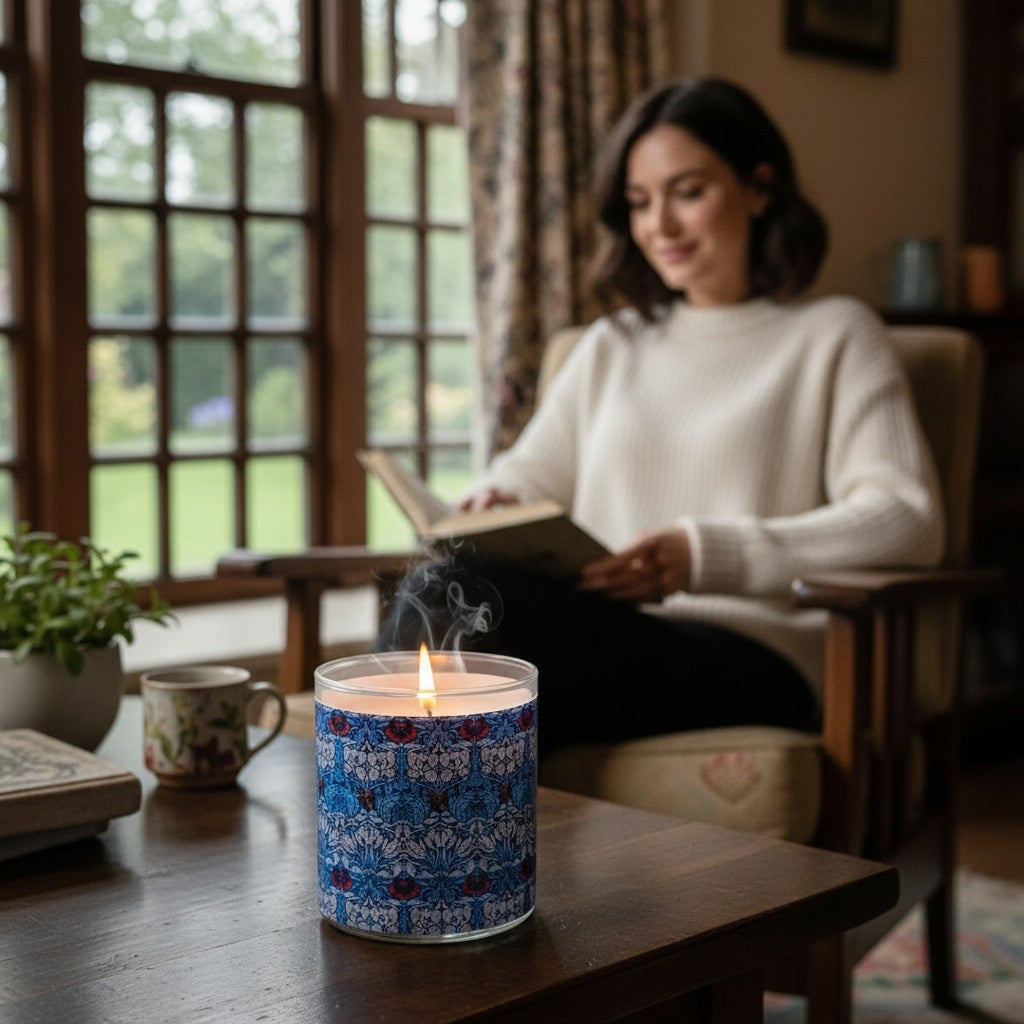 Woman reading a book in a cozy room with a lit candle on a table.