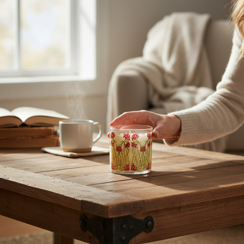 Person holding a glass with floral design on a wooden table with books and another cup.
