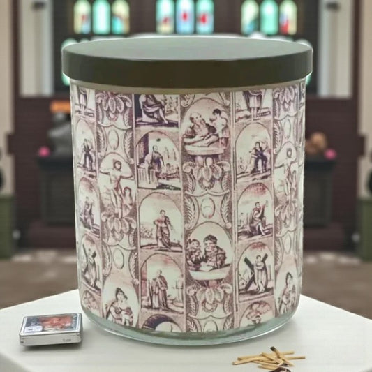Sanctus- Religious Retro Design Scented Candle Coconut Apricot Wax Eco-Luxe