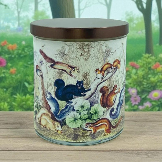 Squirrel Buddies - 1800's Artwork Retro Design Scented Candle Coconut Apricot Wax Eco-Luxe