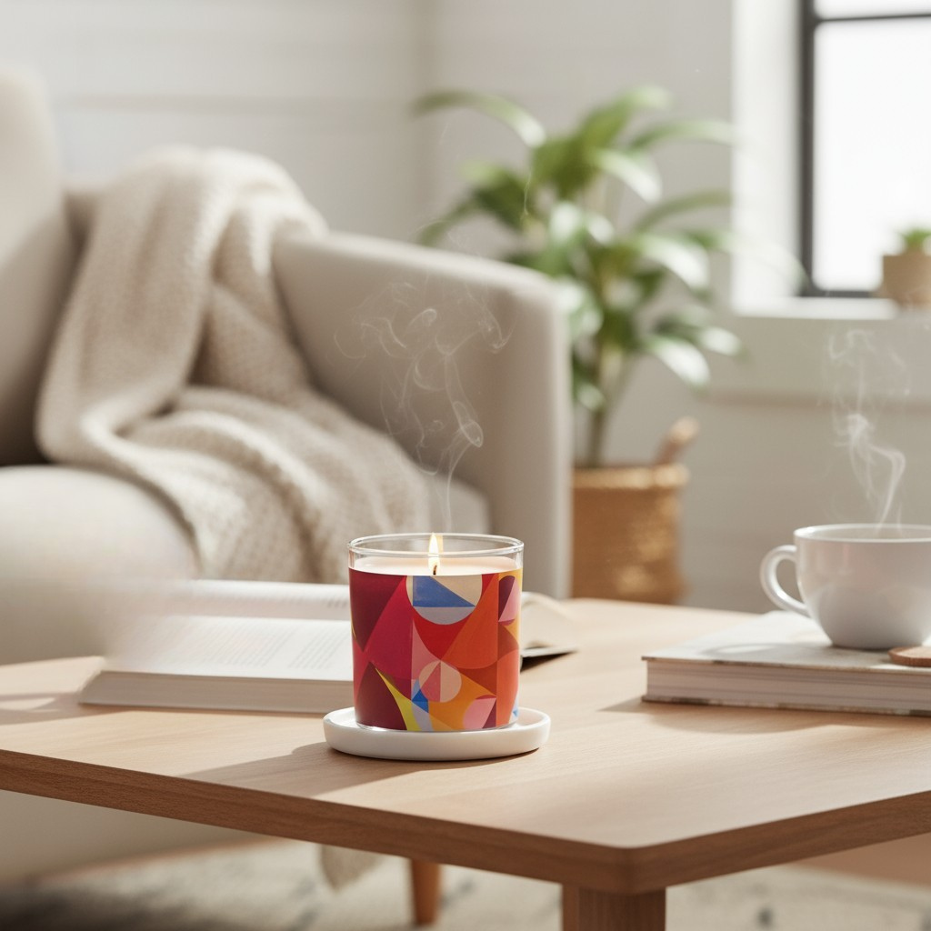 Colorful candle with a smoking effect on a wooden coffee table in a cozy living room.