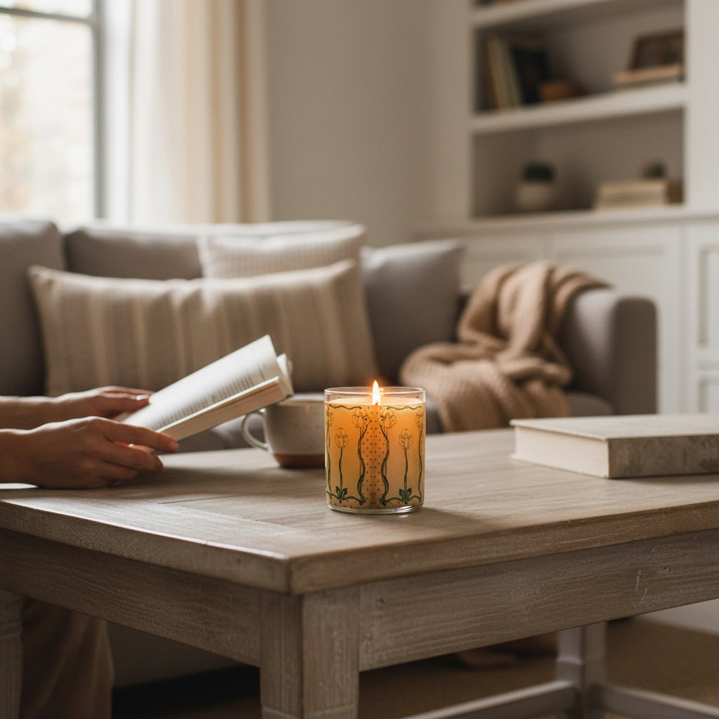 Person reading a book with a lit candle on a wooden table in a cozy living room.