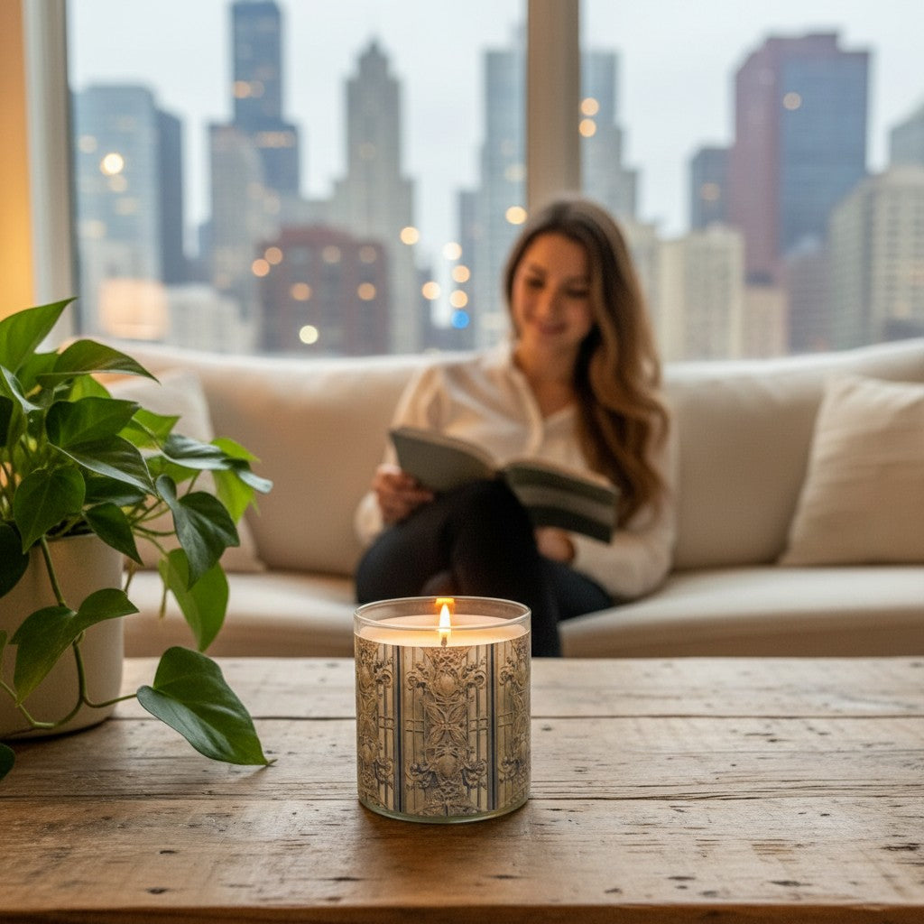 Woman reading a book on a couch with a lit candle on a table in the foreground, cityscape in the background