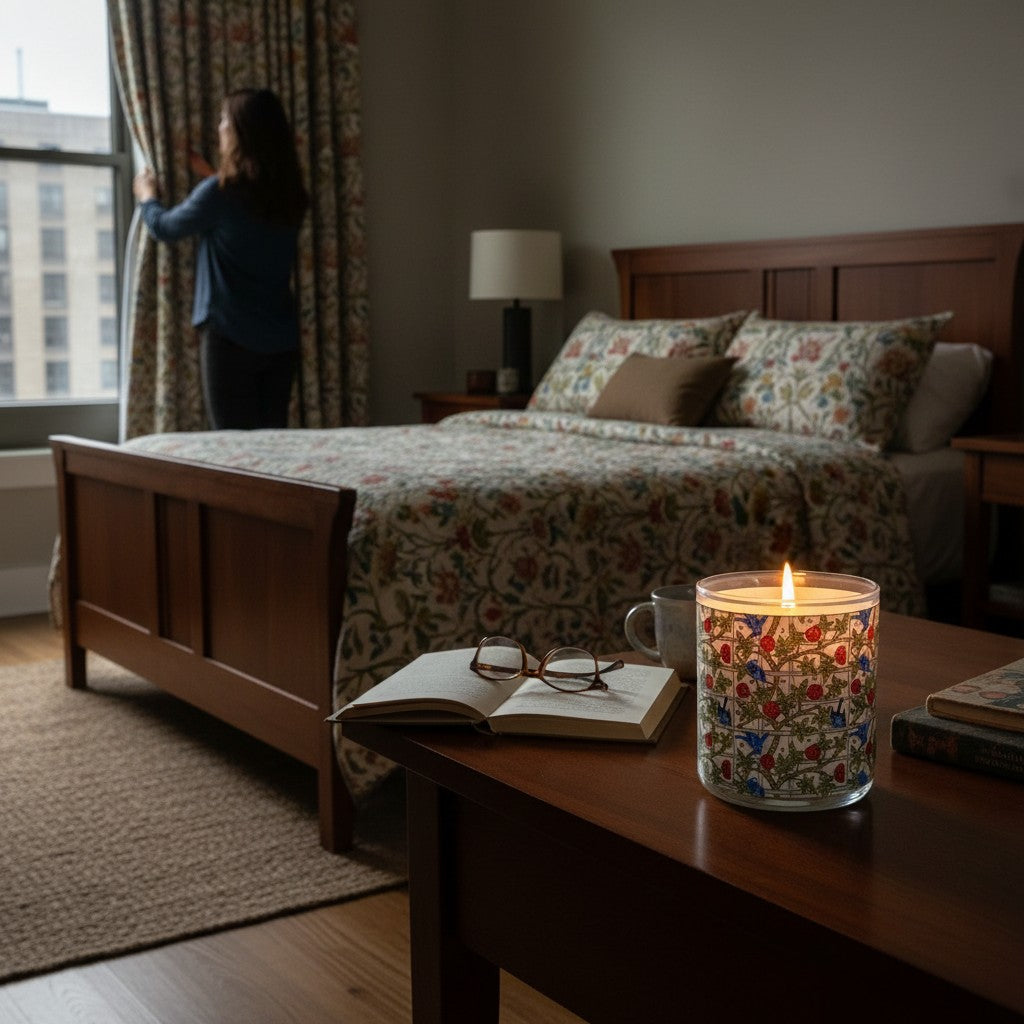 Woman adjusting curtains in a bedroom with a bed, table, and lit candle.