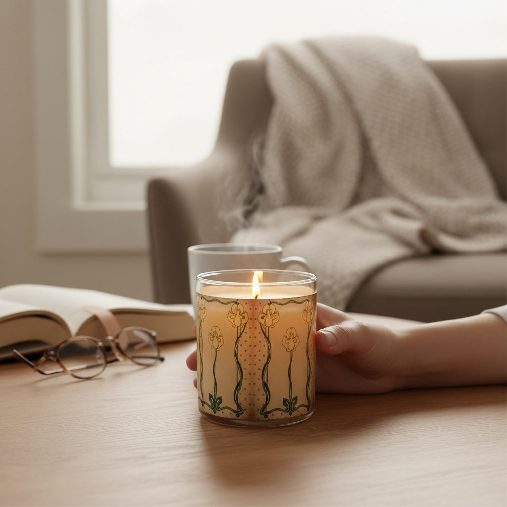 Candle with decorative design held by a hand on a table next to a book and glasses, with a cozy sofa in the background.