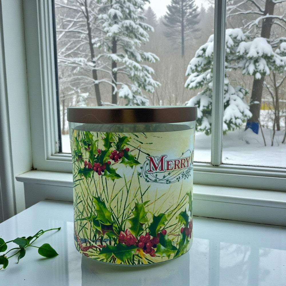 Christmas Greetings - Eco-Luxe Scented Candle | Coconut Apricot Wax | Vintage Christmas Card Artwork Retro Design