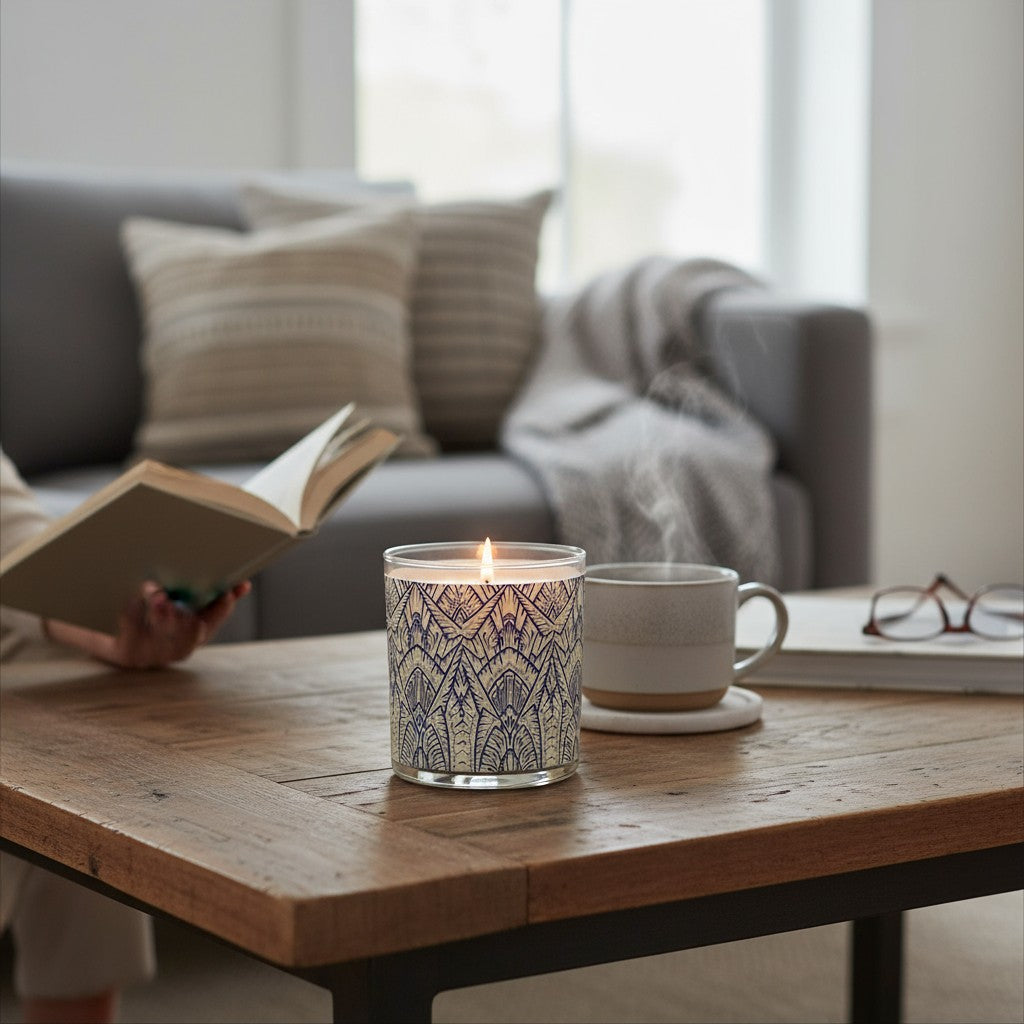 Candle with decorative design on a wooden table in a cozy living room.
