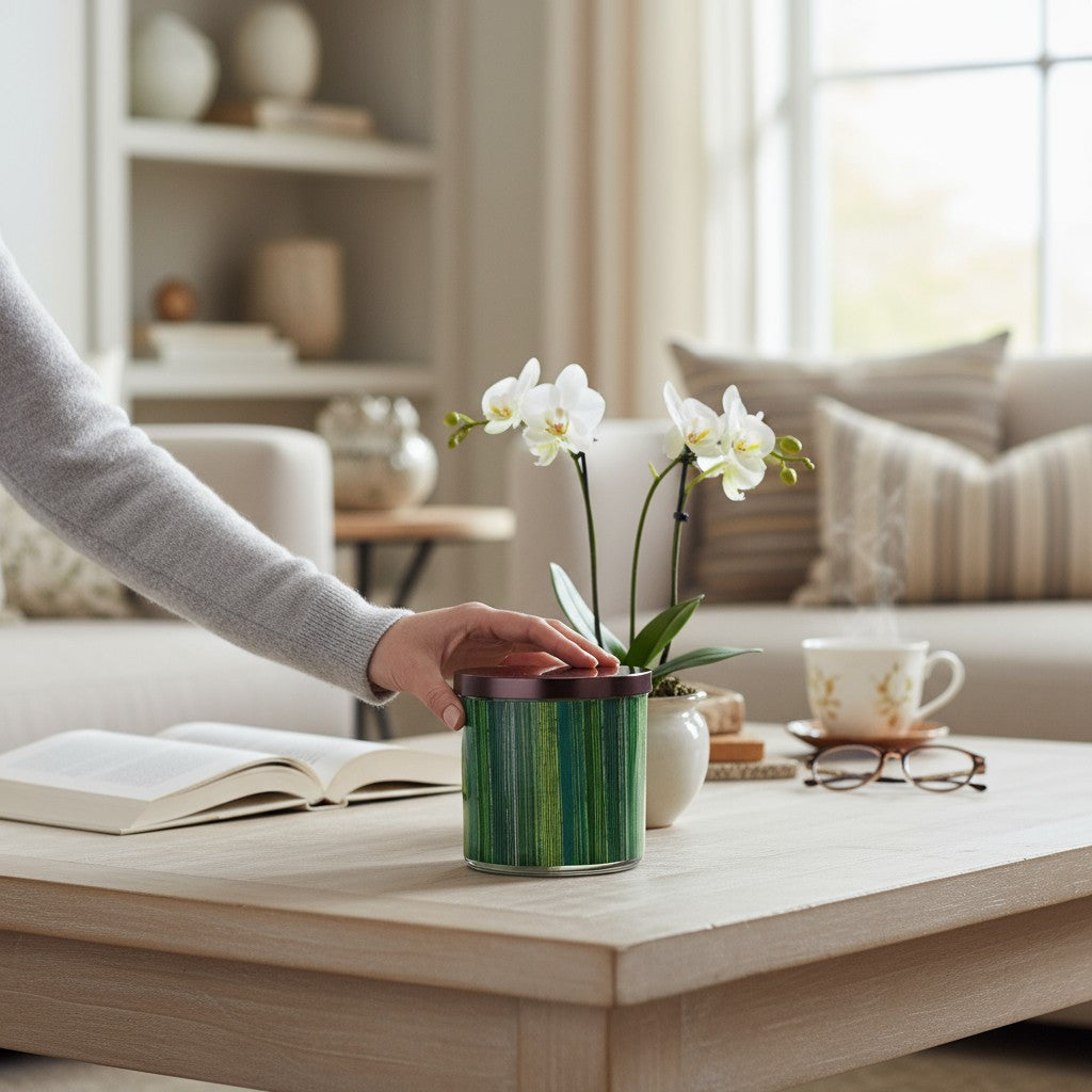 Person placing a small striped container on a coffee table with a potted plant and a cup of tea.