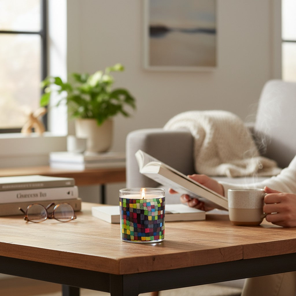Person reading a book with a colorful candle on a wooden table in a cozy living room.