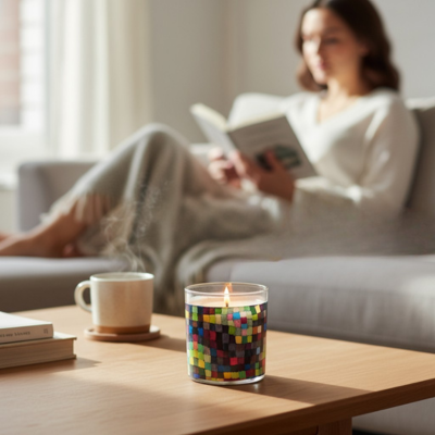 Woman reading a book on a couch with a colorful candle and coffee cup on a table in the foreground.