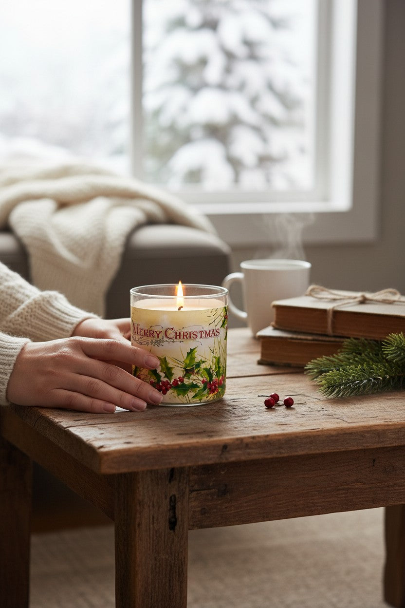 Christmas Greetings - Eco-Luxe Scented Candle | Coconut Apricot Wax | Vintage Christmas Card Artwork Retro Design