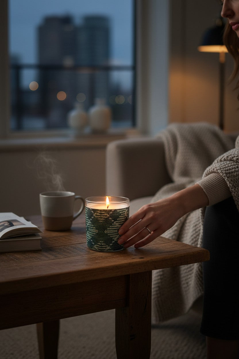 Woolen Winter - Eco-Luxe Scented Candle | Coconut Apricot Wax | Vintage Japanese Textile Artwork Retro Design