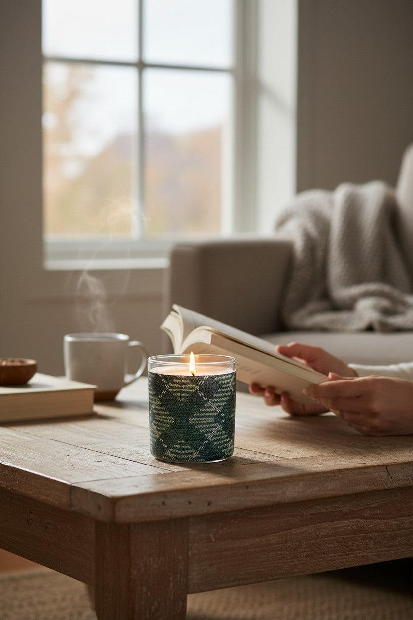 Woolen Winter - Eco-Luxe Scented Candle | Coconut Apricot Wax | Vintage Japanese Textile Artwork Retro Design